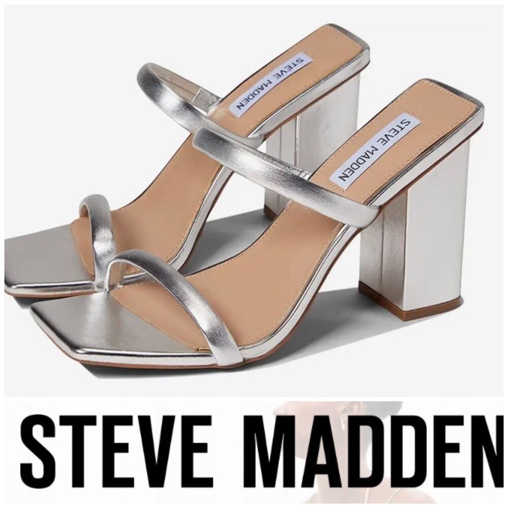 STEVE MADDEN - NWT - L Sz 6.5 BLAKE Silver Metallic Faux Leather Sandal 3” Heel